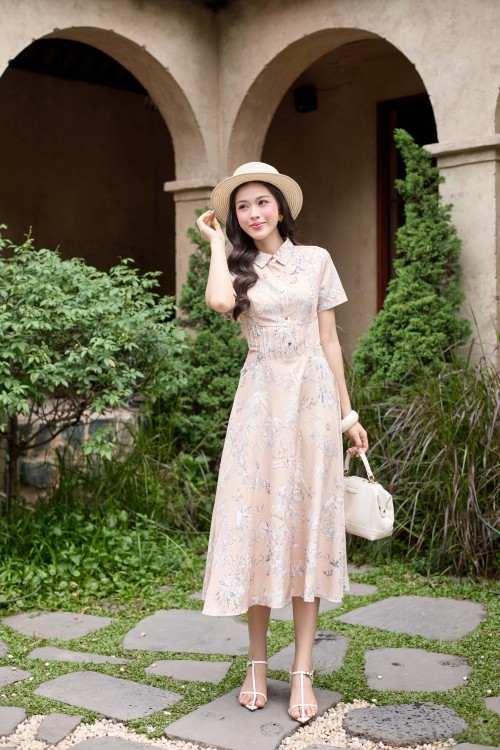 Sixdo Beige Graphic Silk Flared Dress